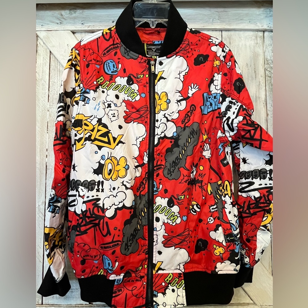 Men’s Comic Graphic Novel Gaming Hip Hop Urban Multicolor Full Zip Jacket Size M